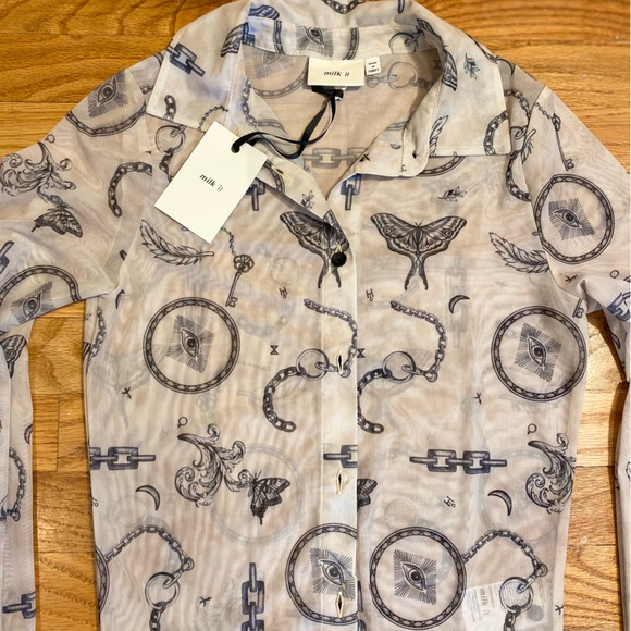 Milk It by Dolls Kill Button Up NWT - Sheer Tatto Print- EU 8 US 4 - Picture 3 of 14